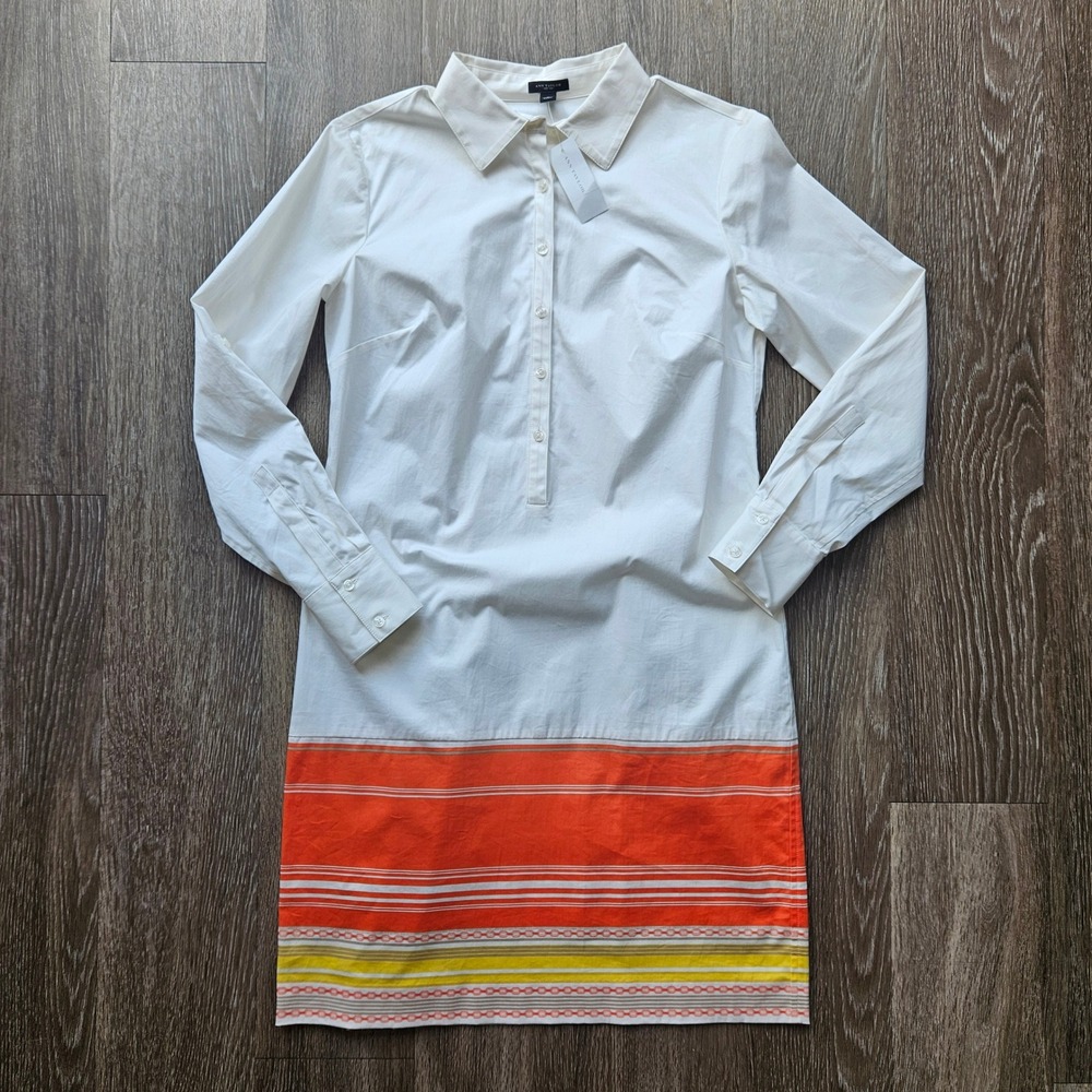 NWT Ann Taylor White Shirt Dress Size S Orange Stripe Cotton Blend Career Casual